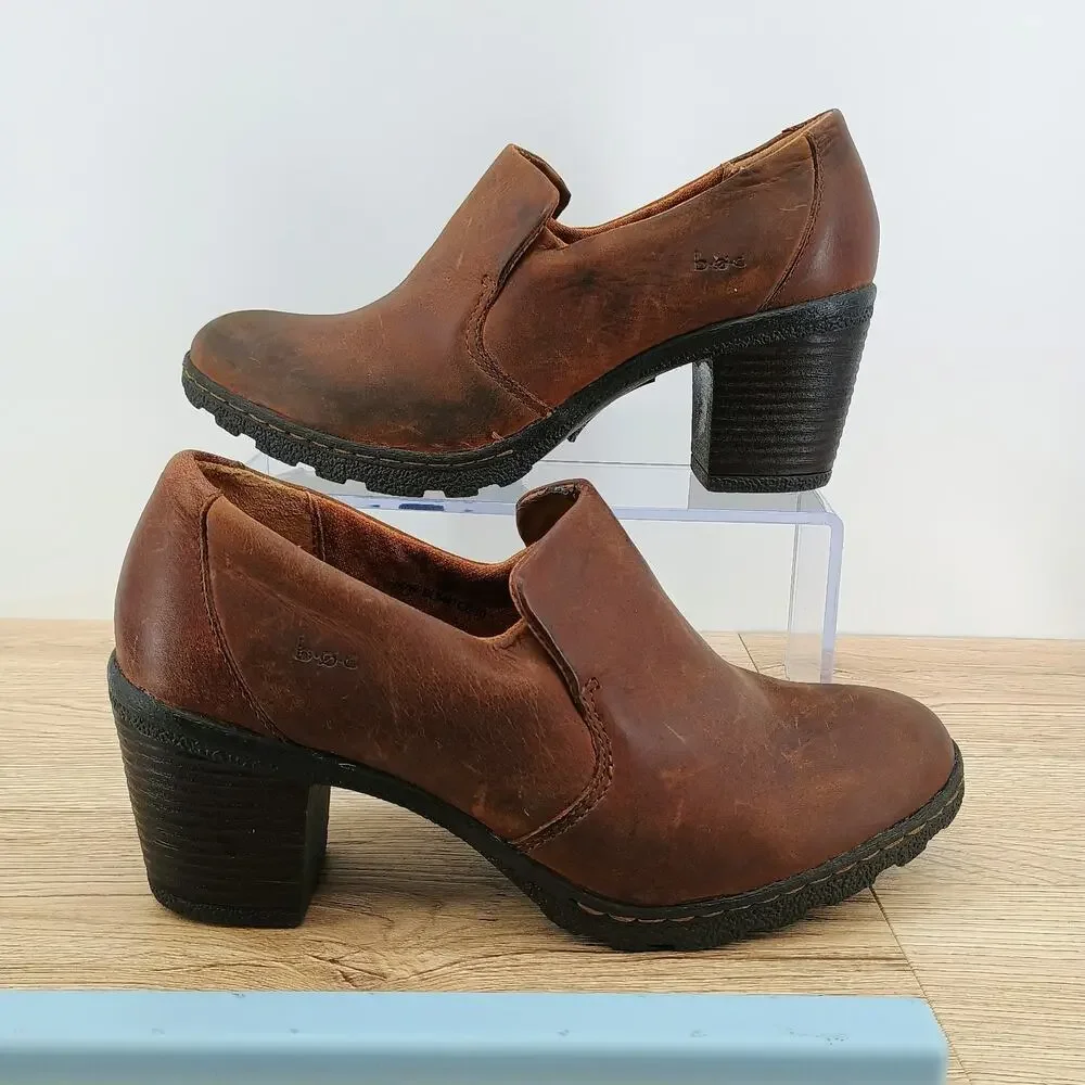 Boc Born Heeled Shoe Womens 8 Brown Leather Slip On Block Heel Comfort Shoes
